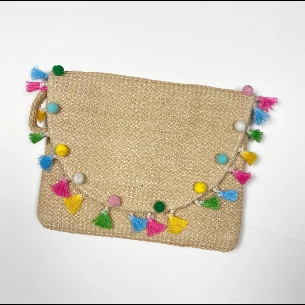 Colorful tassel and pom pom wristlet purse clutch